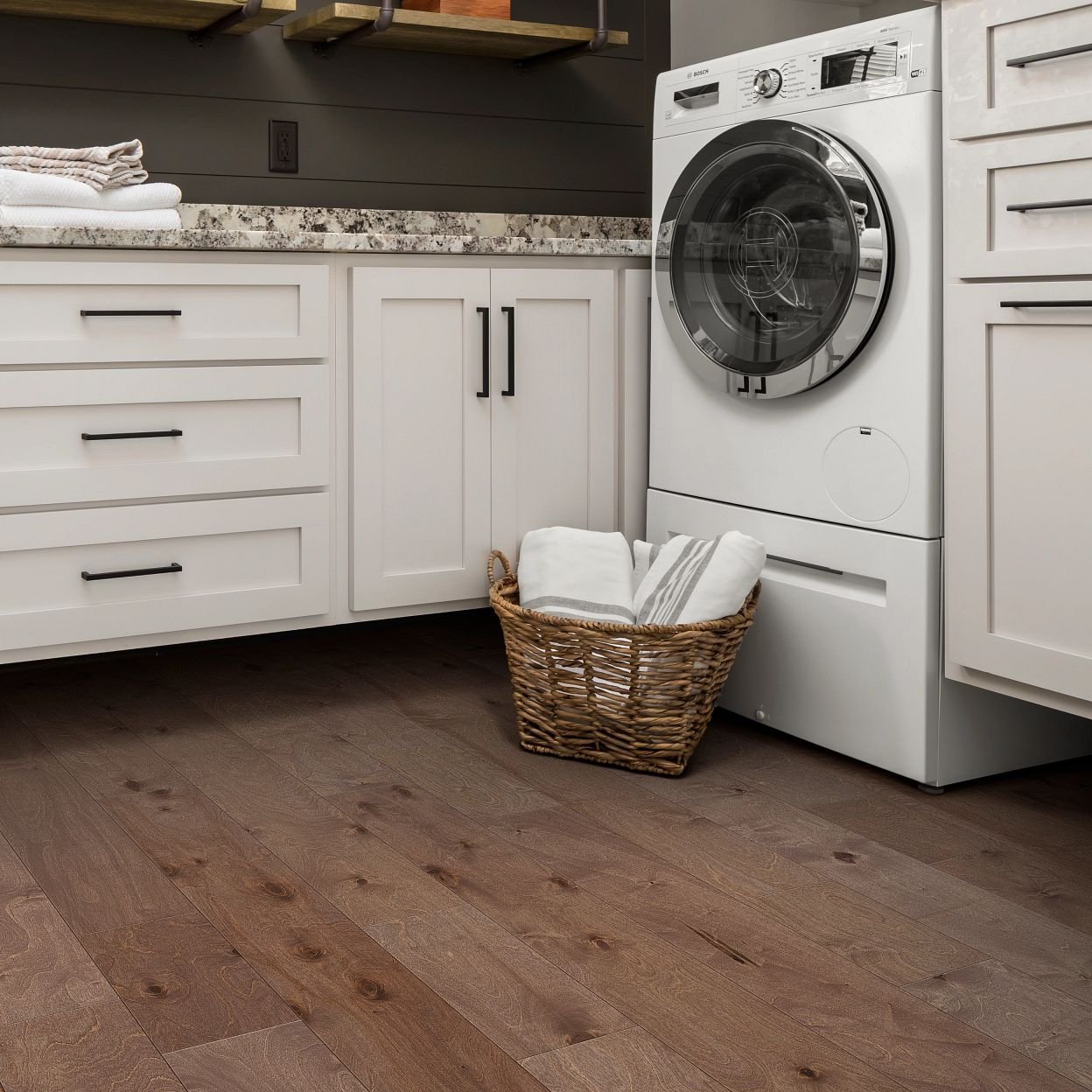 Laundry room with engineered hardwood flooring from Carpet Design Center in the Greenville, NC area