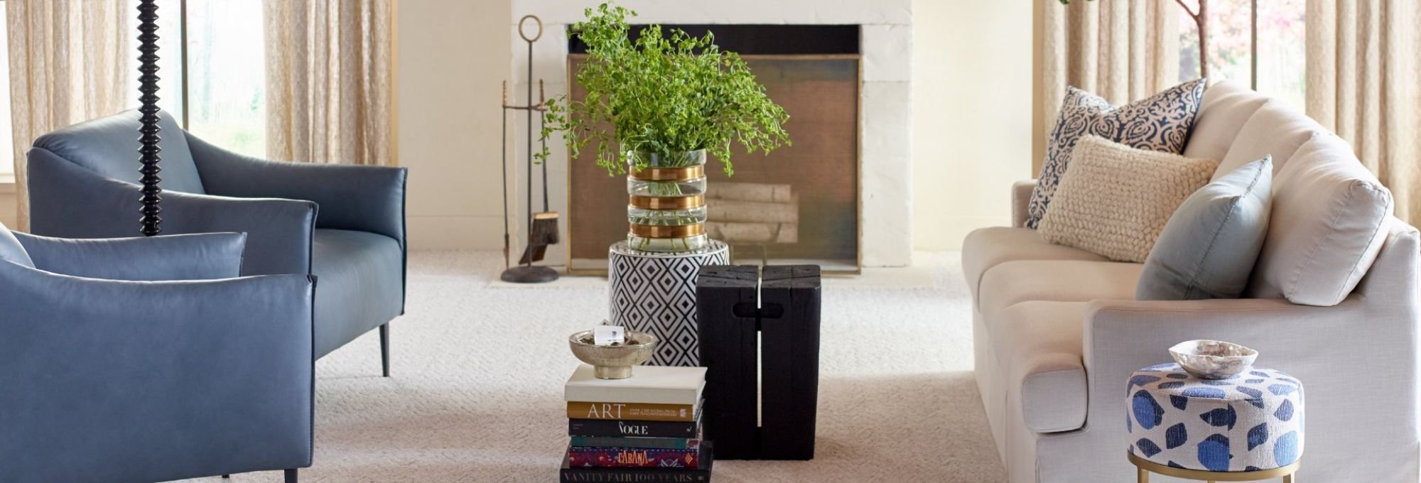 living room with two couches and beige carpet from Carpet Design Center in the Greenville, NC area